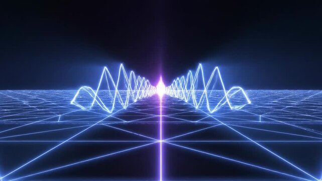 Seamlessly looping abstract background featuring a blue and purple geometric grid pulsing with a synchronized spatial rhythm visual effects, communication, flowing
