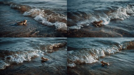 Waves crash upon the rocky coast, capturing the raw power and motion of the sea