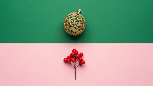 Festive Gold Christmas Bauble and Red Berries on Pastel Background