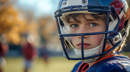 Portrait of a young hockey player wearing a helmet. He is dressed in a sports uniform, ready for a game or training session. Sports, hockey, team, outdoor activities, youth.