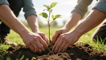 Oxygen sustainability efficiency Planting young tree symbolizes hope and commitment to green, eco friendly environment, showcasing hands nurturing soil around sapling, emphasizing importance of trees