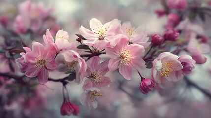 Pink cherry blossoms blooming on a branch in the spring garden