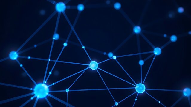 Abstract digital network visualization with glowing blue nodes and flowing connections on dark background.