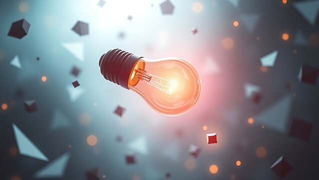 Innovative concept with a lightbulb and floating geometric shapes in atmospheric lighting.