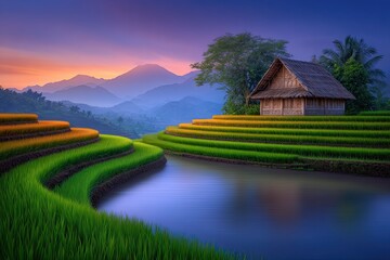 A house is in the middle of a field with a river running through it