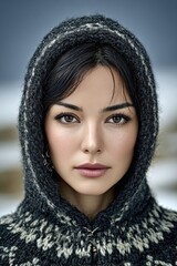 A woman with a black and white knit hoodie on