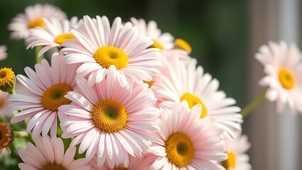 Fototapeta premium Fresh daisy bouquet bathed in soft sunlight, showcasing delicate pastel petals.