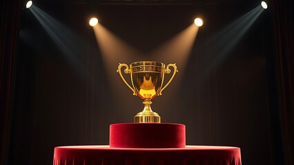 A golden trophy displayed on a velvet podium with dramatic award ceremony lighting.