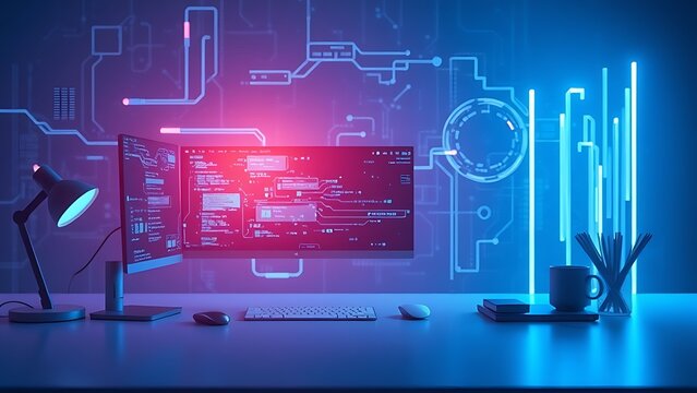 Technical workspace concept featuring abstract digital elements in cool blue tones.