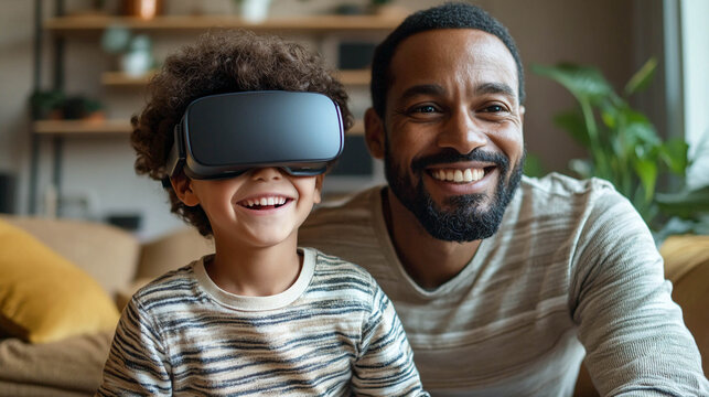 A father and son playing in virtual reality with VR glasses. Family, innovation, games, and the digital future.