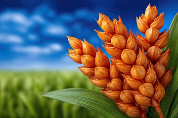 A field of green grass with a bunch of orange flowers