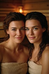 Two women are sitting next to each other, both wearing towels