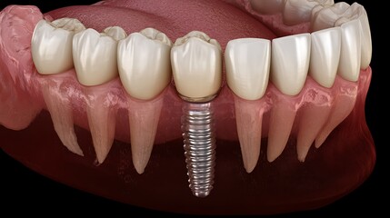 Dental healthcare with tooth model showing implant, instruments, and X-ray for oral medicine and hygiene