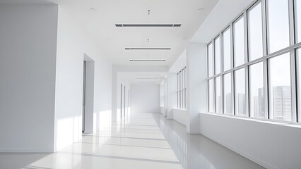 Fototapeta premium Modern white office corridor with large window and clean lines.