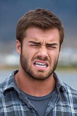 A man with a beard and mustache is making a funny face