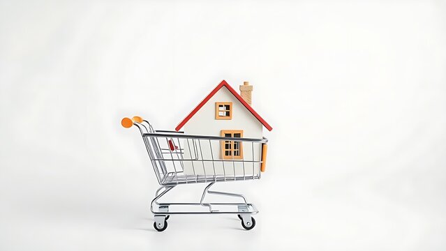 Miniature house model in a shopping cart, symbolizing the concept of home buying.