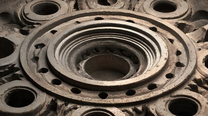 Gothic cathedral clock architecture with antique gears on an old metal background