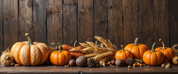 Rustic autumn harvest display featuring pumpkins wheat and pinecones on wooden background