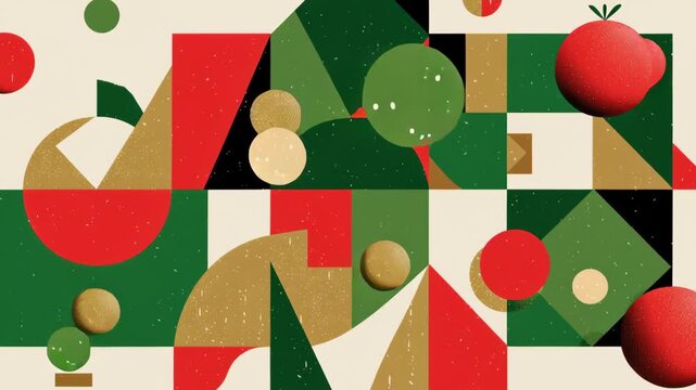 A colorful drawing of a tomato and a bunch of other fruits. The drawing is made up of different shapes. Sharp crisp holiday vector flat shapes red green white gold elegant