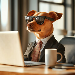A dog in a business suit and sunglasses working on a laptop in an office