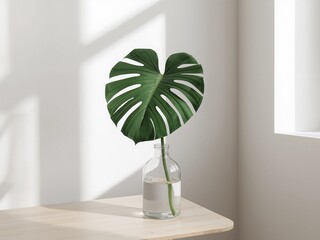 Solitary Monstera Leaf in a Glass Bottle with Dramatic Window Light and Shadow Play.