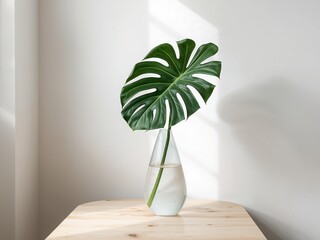 Vibrant Monstera Leaf in Glass Vase on Wood Table, Sunlight  Shadows on White Wall.