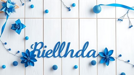 Celebration concept with blue decorative elements on a white wooden background.