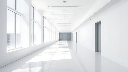 Fototapeta premium Modern white office corridor with large windows and clean lines.