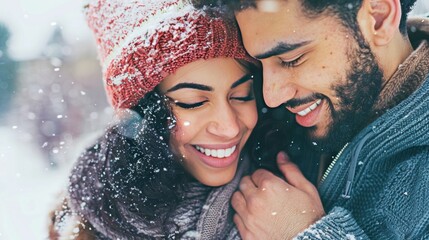 Smiling couple in love embracing warmly amidst falling snow in winter, sharing a joyful and affectionate moment