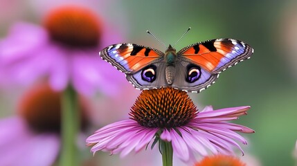 Orange and black butterfly on a pink flower in the summer garden, highlighting the beauty of nature and the colorful insect wings in macro detail