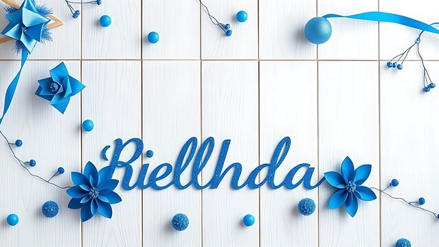 Celebration concept with blue decorative elements on a white wooden background.