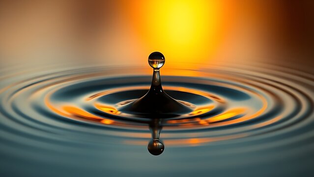 A droplet of a dark beverage creating a ripple, backlit with golden light.