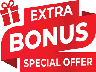 Bonus offer ribbon icon, stylized red promotional badge with gift symbol for marketing, retail, and e-commerce design themes