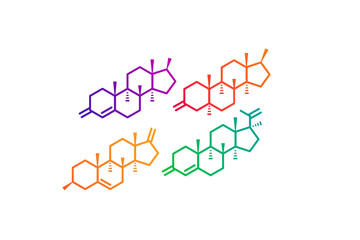 Vibrant neon chemical structures of steroid hormones displayed on a dark background