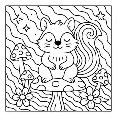 Fototapeta premium Whimsical Squirrel Illustration: A charming, outlined illustration of a squirrel with serene closed eyes, perched atop a mushroom amidst a whimsical landscape. Embracing the wonder of imagination