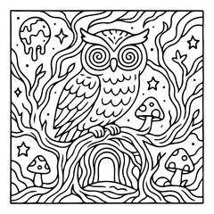 Obraz premium Mystical Owl Illustration: A captivating illustration showcases an owl perched amidst a whimsical landscape of swirling trees, cosmic elements, and surreal mushrooms.