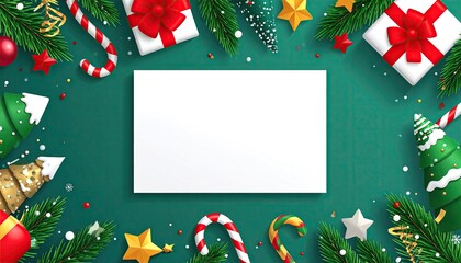 Festive Christmas border design with gifts candy canes pine branches and stars on green background.