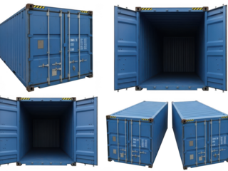 Four views of an empty blue shipping container open and closed for cargo logistics transparent background