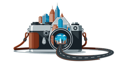 A classic camera creatively blends the essence of city exploration and scenic journeys, symbolizing the capture of memorable travel experiences.