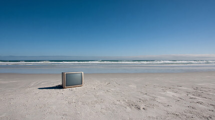 Empty beach chair on sandy shoreline with calm ocean and blue sky