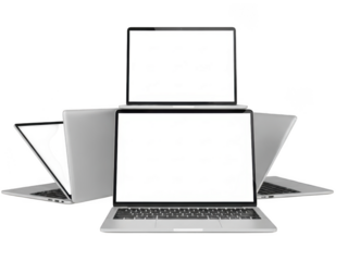 Multiple open laptops displaying blank screens in arrangement transparent background