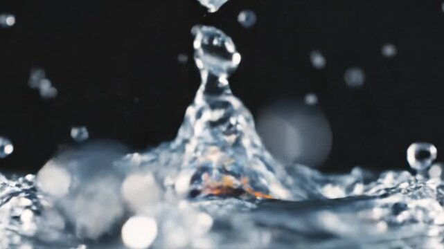 Extreme close-up of individual water droplets exploding toward the camera in slow motion, black background, ultra-realistic surface tension details, cinematic clarity.