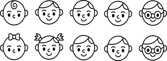 Children’s face matching icon set, stylized cartoon portraits for education, visual recognition, and playful character design themes
