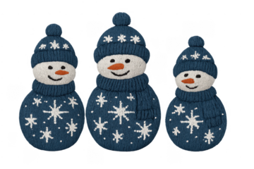 Knitted snowman family figures celebrating winter holidays