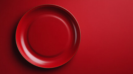 A simple red plate with a gold rim sitting on a matching red surface in a studio shot