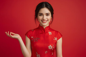 Woman in cheongsam with palm up in inviting gesture on red background