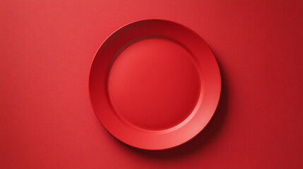 A monochromatic red image featuring a round plate centered on a matching red background surface