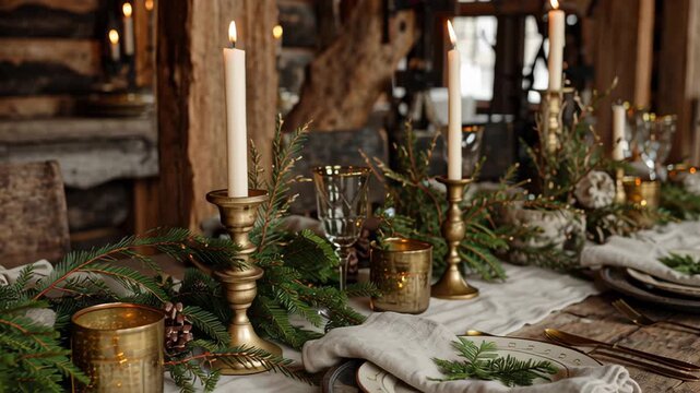A table with a tablecloth and candles on it. Rustic holiday table setting with brass candlesticks, evergreen sprigs, linen fabrics, elegant old world aesthetic, old world holiday decor