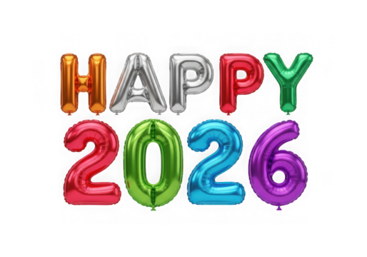 Happy 2026 new year balloons isolated on transparent background