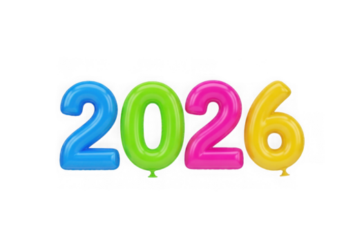 Colorful 2026 number balloons isolated on transparent background